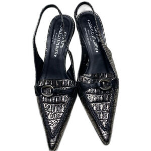 Donald J Pliner Couture Slingback Pointed Embossed Kitten Heel Womens 6 Black